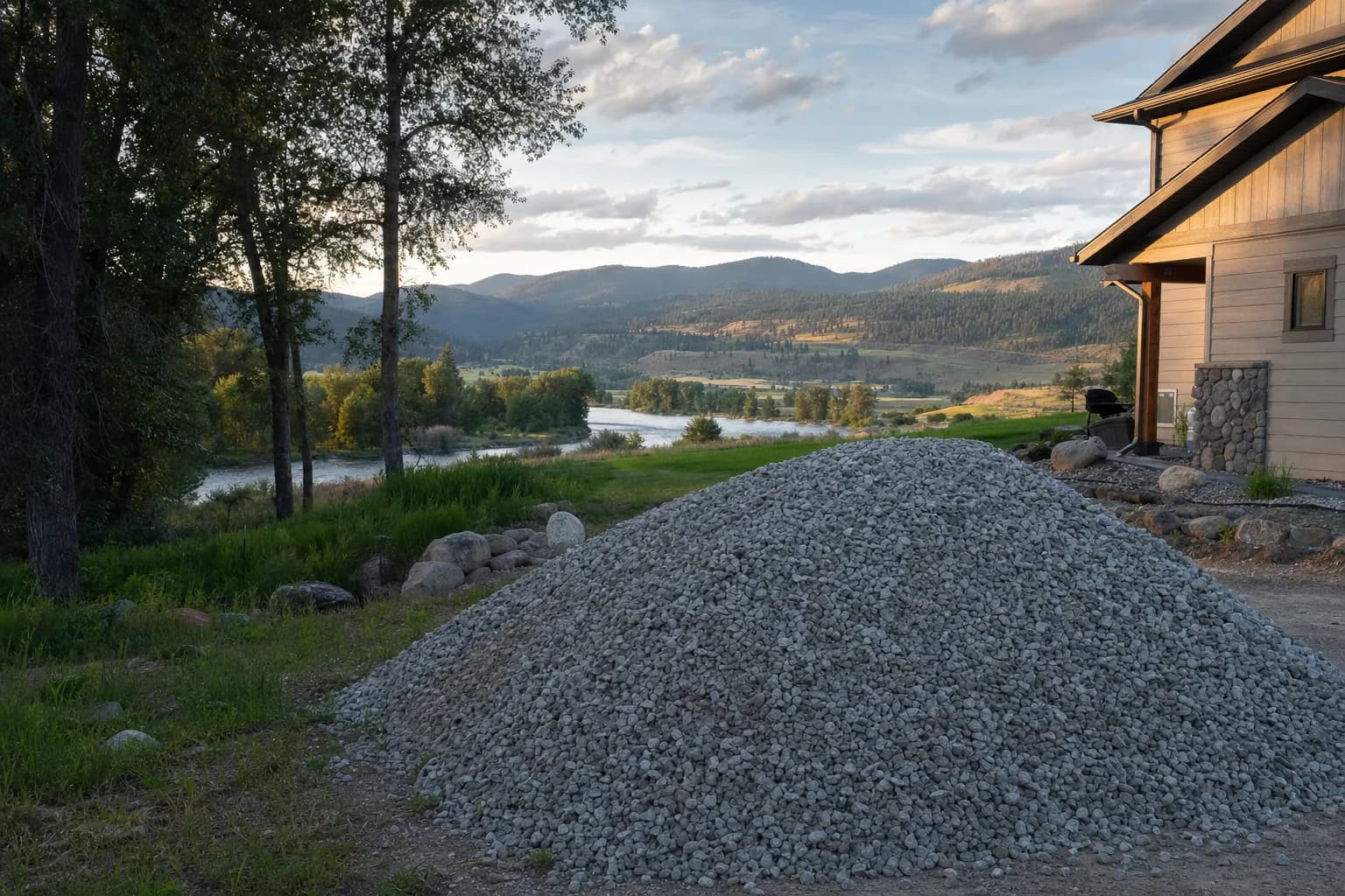 Landscaped backyard with stone pathways